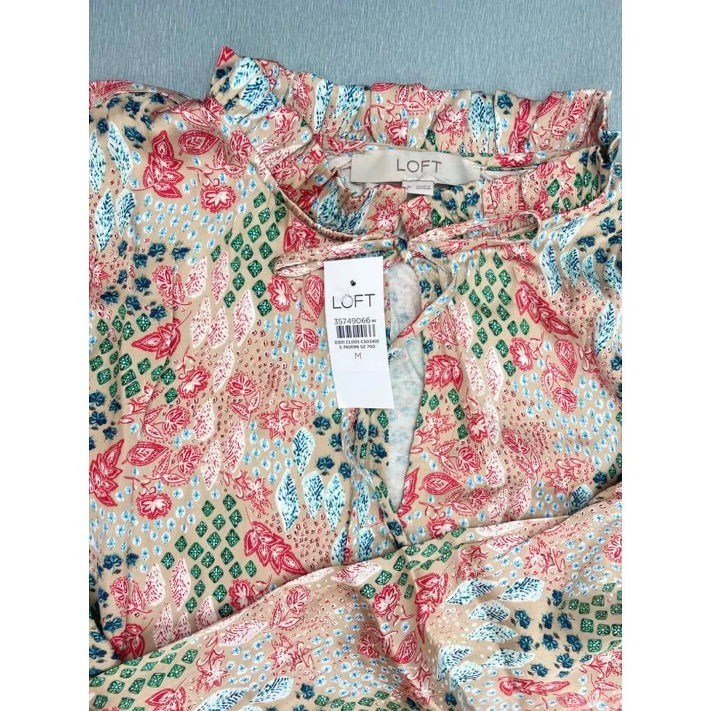 LOFT WOMEN Garden Cinched Sleeve Ruffle Tie Neck Mixed Media Top M